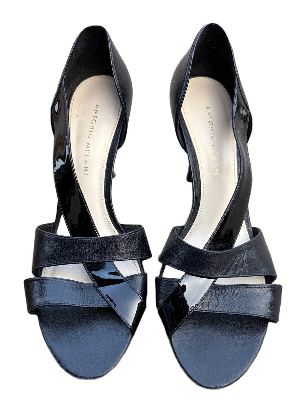 ANTONIO MELANI Black Leather & Patent Open-Toe Heels